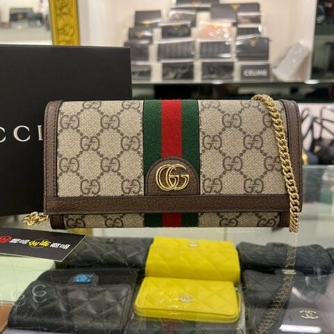 東區正精品㊣GUCCI 772309 全新咖啡色皮革拼PVC 綠紅綠紋金鍊釦子長夾斜背包肩背包WOC RZ6577