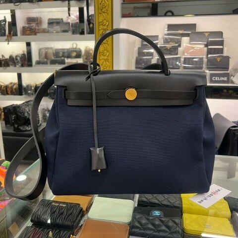 東區正精品㊣HERMES ZIP HERBAG 31cm 愛馬仕深藍色帆布拼黑色皮革金釦手提包肩背包 Z刻 RZ6578