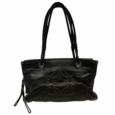 LOEWE 羅威 ANAGRAM LEATHER TOTE BAG 壓紋雙提帶托特包 牛皮 黑色 銀釦