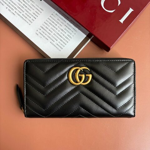 ::GUCCI:: Marmont 復古金雙G 山形紋絎縫牛皮全拉鍊長夾