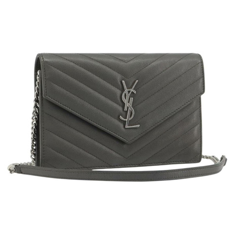 SAINT LAURENT Cassandra 鏈條肩包 皮革 灰色 銀色 正品 ka5813V