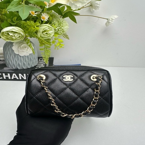 99新 Chanel香奈兒 25p黑金mini保齡球 荔枝皮 晶片款