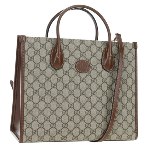 GUCCI GG Supreme 托特包 PVC 皮革 兩用 米色 金色色調 659983 正品 BA14805V