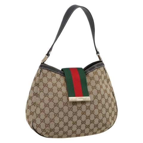 GUCCI GG帆布織帶雪莉線單肩包 米色 金色 233608 正品 197333V