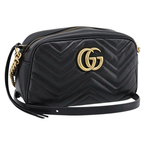 GUCCI GG Marmont 鏈條單肩包，黑色皮革，金色，貨號 447632，正品 am12299V