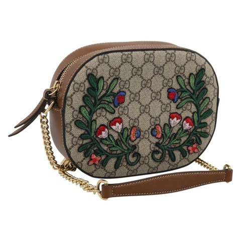 GUCCI GG Supreme 鏈條單肩包 PVC 米色 金色 409535 正品 197208V