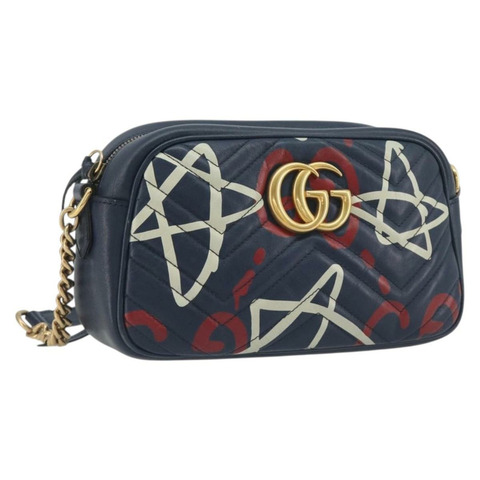 GUCCI GG Marmont 單肩包 皮革 海軍藍 金色 447632 正品 ka5749A