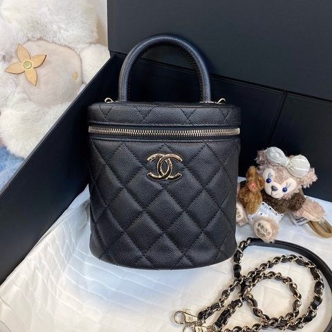 ✨CHANEL香奈兒22K黑金荔枝皮化妝桶手提包單肩包斜挎包