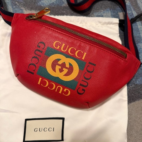 Gucci Print復古牛皮織帶胸腰包/斜背包 紅色
