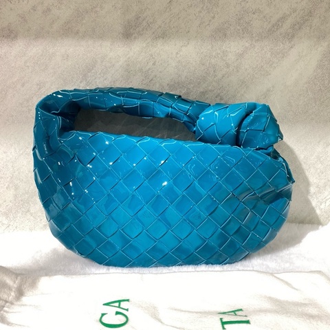 BV葆蝶家Jodie打結包mini 藍色漆皮編織格牛皮手提包  底長24cm