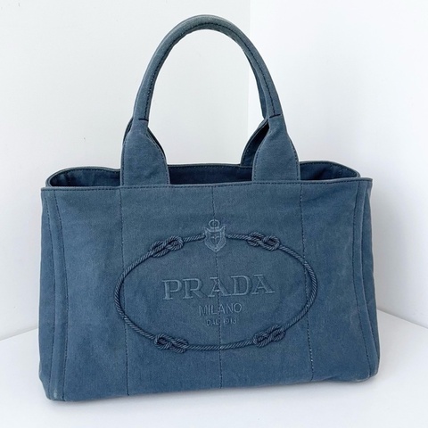 【近新閒置品】98新 Prada普拉達 牛仔海軍藍🍬丹寧沙灘包手提包大號