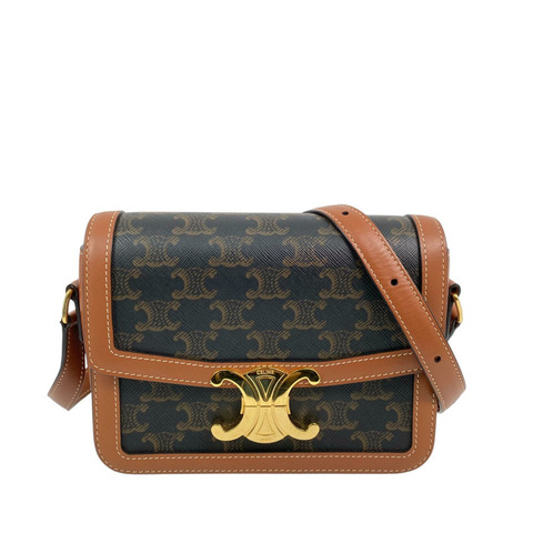 △ CELINE 思琳 Black And Brown Coated Canvas Triomphe Teen Shoulder Bag 黑色和啡色塗層帆布肩背包-267013127
