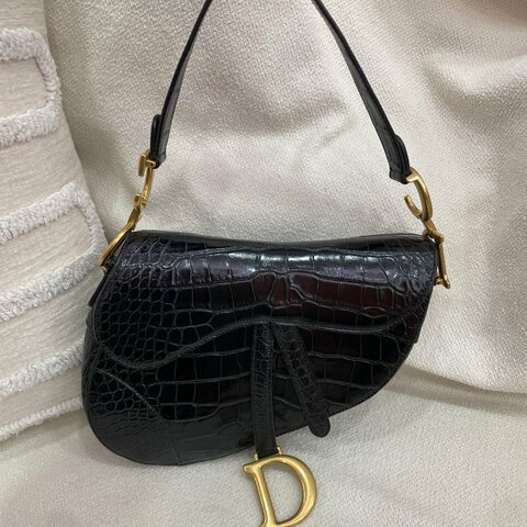 Dior 馬鞍包 中號 鱷魚皮 黑色 金扣