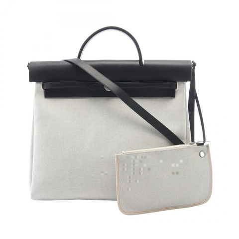 愛馬仕 Herbag Zip MM 單肩手提包，Toile officier 帆布皮革，白色/黑色