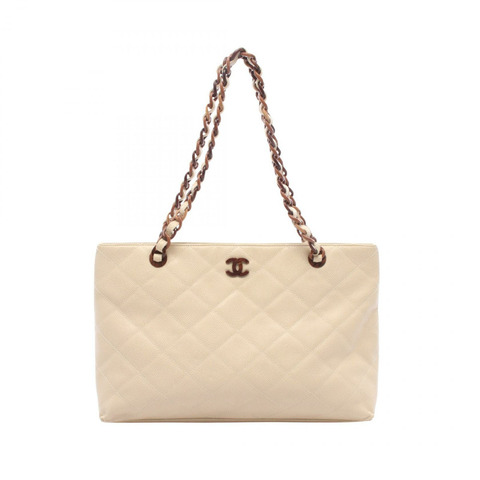 香奈兒 (CHANEL) Matelasse Plat Chain Shoulder Tote Bag 小牛皮 米色 GHW 二手 CC