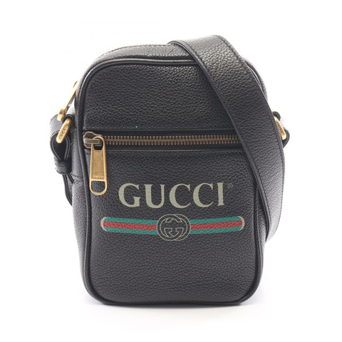 GUCCI 織帶 Logo 單肩斜背包 574803 黑色皮革 二手 男女通用