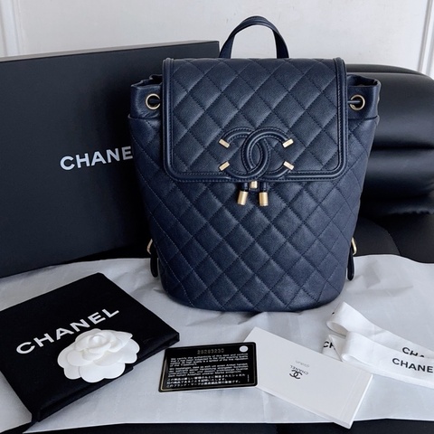 【近新閒置品】99新 Chanel 香奈兒 Vanity case 雙C 大logo 深海藍荔枝紋牛皮雙肩後背包鏈條包 25開卡標
