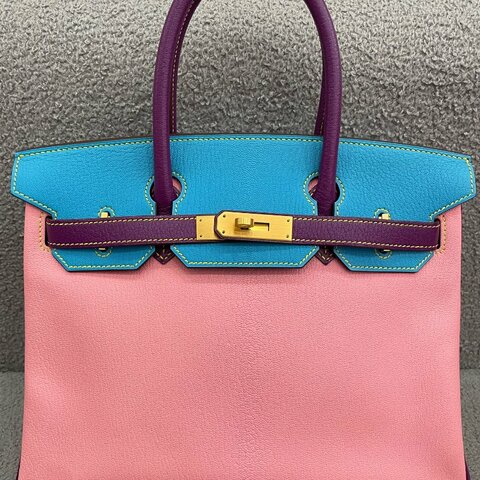 Hermès Birkin 30 7N糖果藍拼P9海葵紫拼5P櫻花粉 山羊皮 拉絲金扣