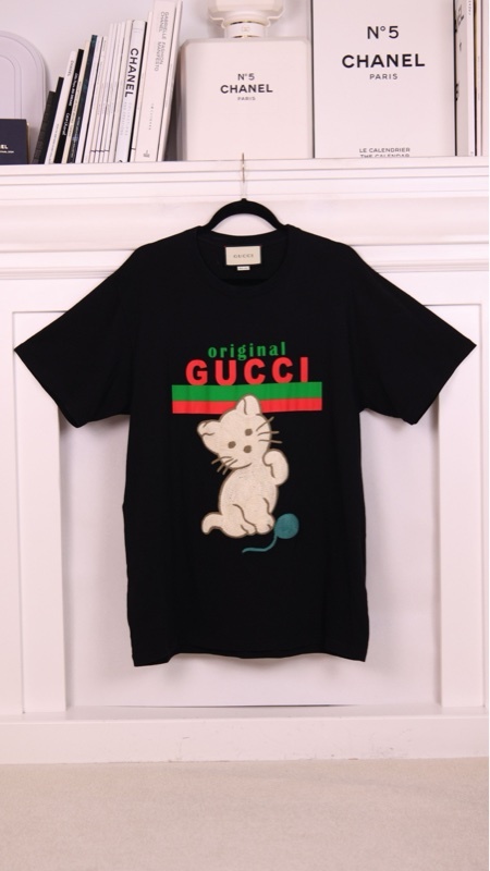 Gucci黑红字母猫咪图案短袖上衣外套