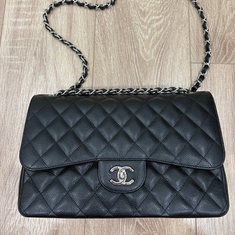 CHANEL 香奈兒 COCO系列 JUMBO 黑銀 30cm 荔枝紋