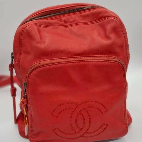 【Chanel】Vintage 耀眼橘紅/正紅羊皮車縫雙C標誌後背包✨ 復古金鍊雙肩包【絕版稀有收藏款/含雷標】