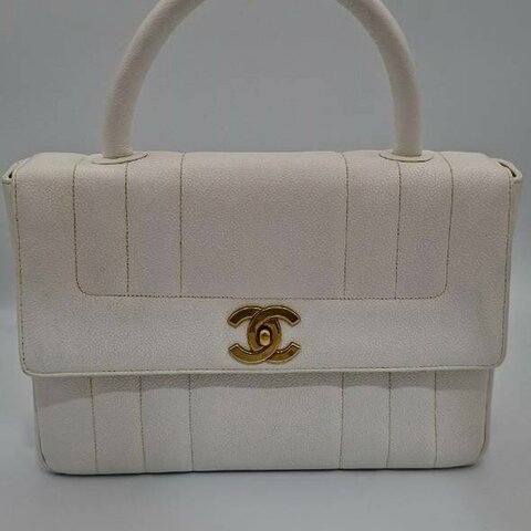 【Chanel】Vintage  經典雪白/奶油白荔枝皮直條紋手提包✨ 復古金釦大雙C公文包/晚宴包【絕版稀有收藏款/含雷標】