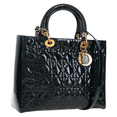 Christian Dior Lady Dior 漆皮雙肩包 黑色金色 正品 BA14818V