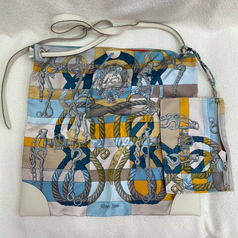 Hermès 絲綢帆布包 絲綢拼皮 銀扣