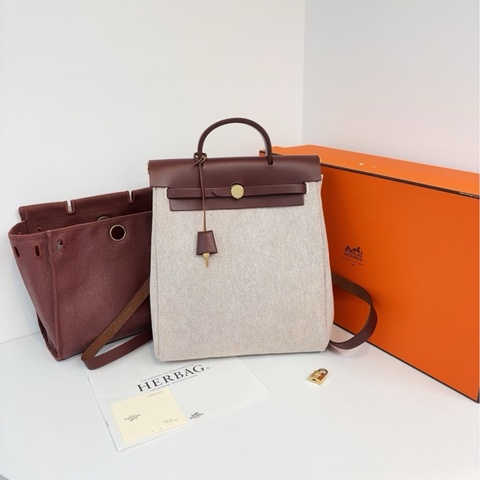 【近新閒置品】98新 Hermrs愛馬仕 金棕金扣Herbag雙肩後背包 長形/方形雙袋自由替換