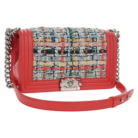 香奈兒 Boy Chanel 25 鏈條肩背包 斜紋軟呢粉紅色 銀色 CC 標誌 正品 BA14598SAM