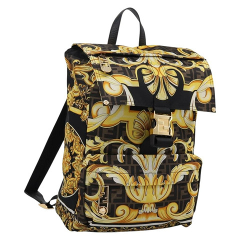 FENDI FENDACE ZUCCA 雙肩包 尼龍 棕色 金色色調 7VZ066 正品 BA14600SAM