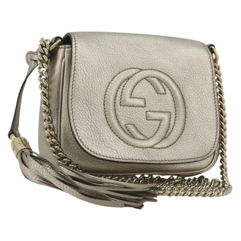 GUCCI Soho 鏈條單肩包 皮革 銀色 金色調 323190 正品 195411V