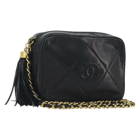 香奈兒 (CHANEL) 絎縫鏈條單肩包 羊皮 金色 黑色 CC 標誌 Auth 195961V