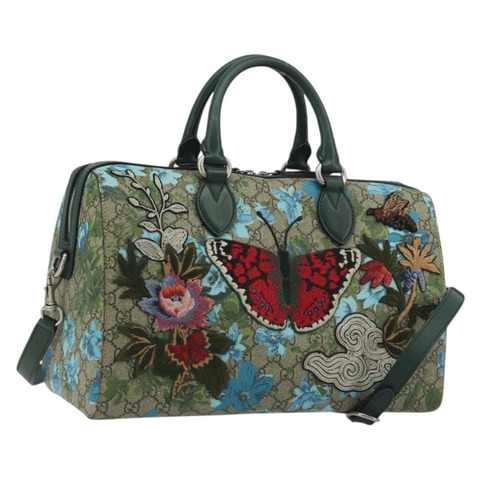 GUCCI GG Supreme 波士頓包 PVC 皮革 兩用 綠色銀色 409527 正品 195254SAM