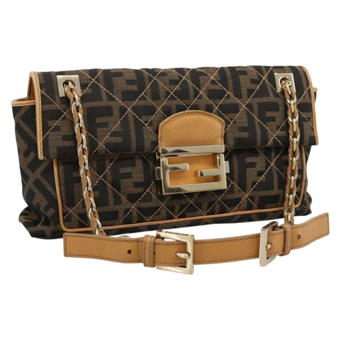 FENDI Zucca帆布鏈單肩包 黑色棕色 正品 195522V