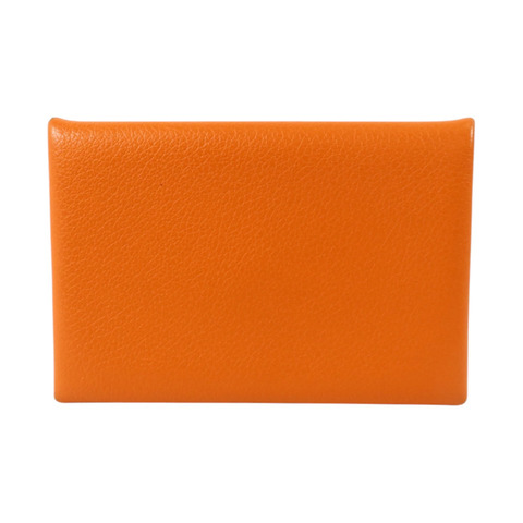 HERMES Mysore皮革Calvi Card Holder銀扣卡片套Orange