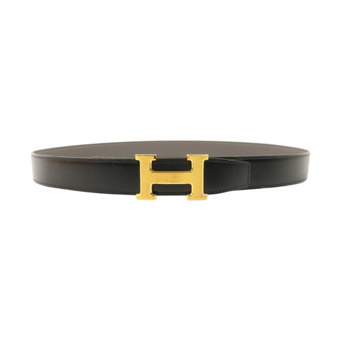 HERMES Togo皮革/Box Calf皮革H Belt 100cm金扣皮帶Noir/Etain