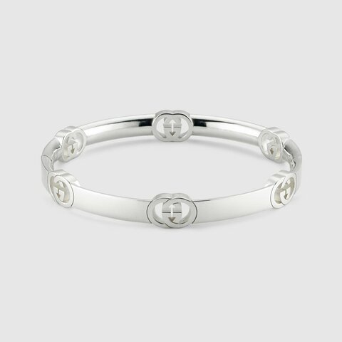 GUCCI INTERLOCKING 雙G素面拋光亮面手環 925銀 飾品 古馳