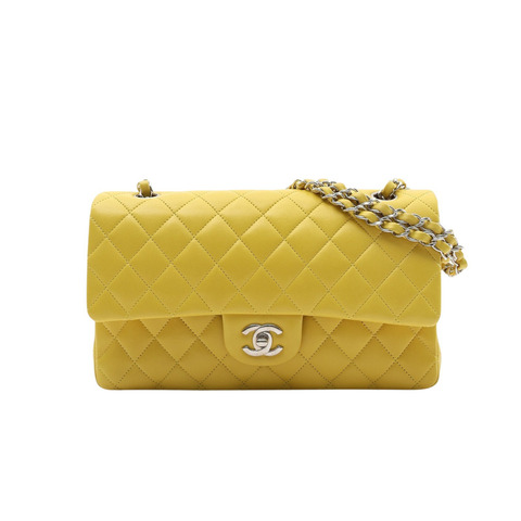CHANEL 香奈兒 Classic 鍊帶 肩背包 黃色 菱格紋羊皮 銀扣 A01112