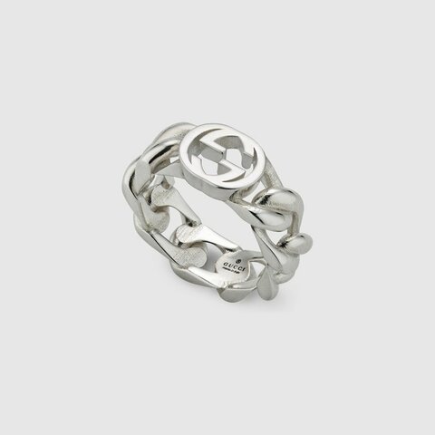 GUCCI INTERLOCKING 古巴鍊造型粗環戒指 925銀 飾品 古馳