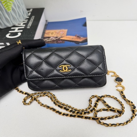 香奈兒Chanel 黑色愛心coco琺瑯鏈條卡包 晶片款