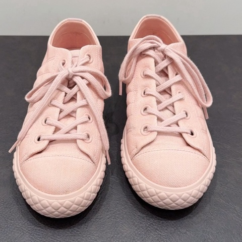 Chanel香奈兒 Sneaker粉色菱格紋帆布雙C平底鞋 餅乾鞋 36.5碼