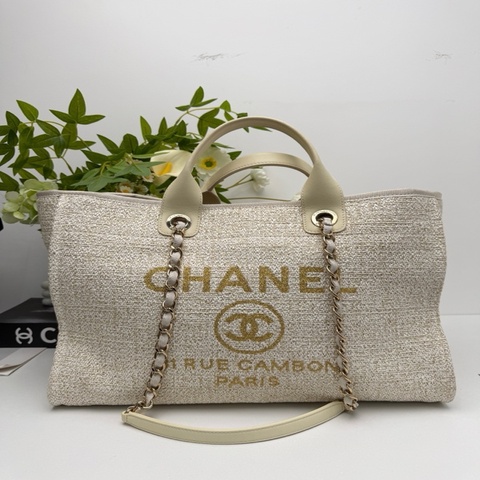 Chanel  香奈兒沙灘托特包 晶片款 米白色 肩背包