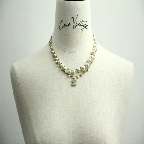Chanel 18S 仿珍珠雙層編織金絲CC吊墜頸鏈