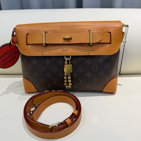 Louis Vuitton 路易威登 LV Steamer 西部牛仔經典棕老花拼皮金色鎖頭珠鏈裝飾斜挎包 男女同款