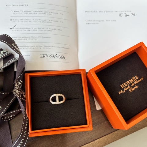 🌷26年帶保卡！Hermes 愛馬仕Chaine d’amcre Contour 18K玫瑰金豬鼻子滿鑽戒指 51碼