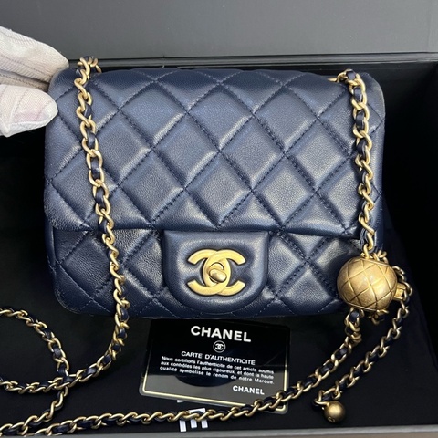 CHANEL香奈兒 經典小金球菱格皮穿鏈方胖子金扣 小羊皮 鏈條包單肩斜挎包 藏藍色 29開有卡