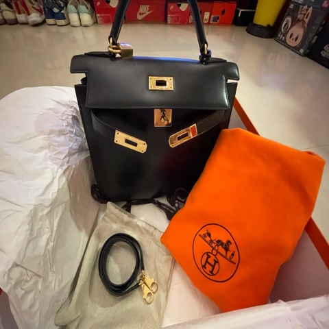 Hermes Vintage 黑色外縫28公分Box皮金扣古董包