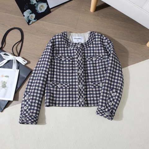 CHANEL 藍白格紋Tweed Jacket圓領外套 Size36