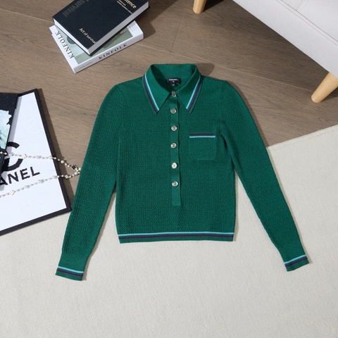 CHANEL 綠色Polo針織長袖上衣